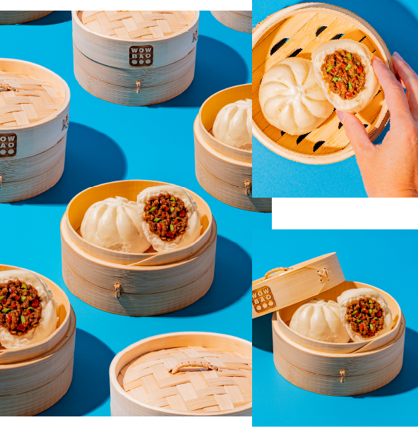 Collage of beef bao buns in a steamer basket