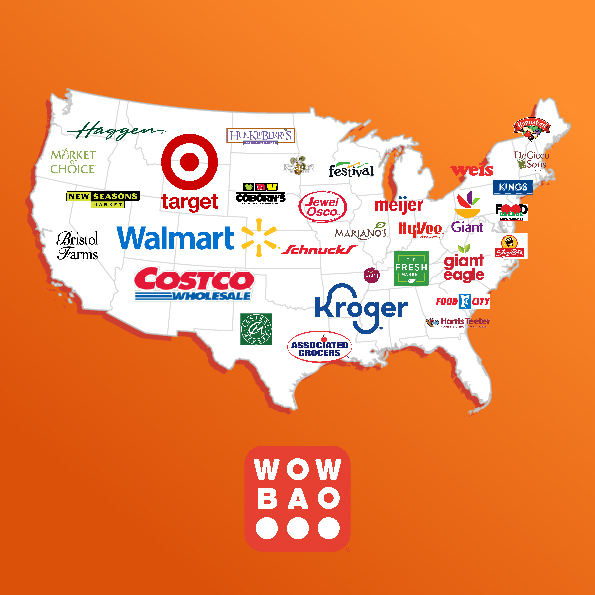 Map of the United States with all of the grocery stores that sell Wow Bao products